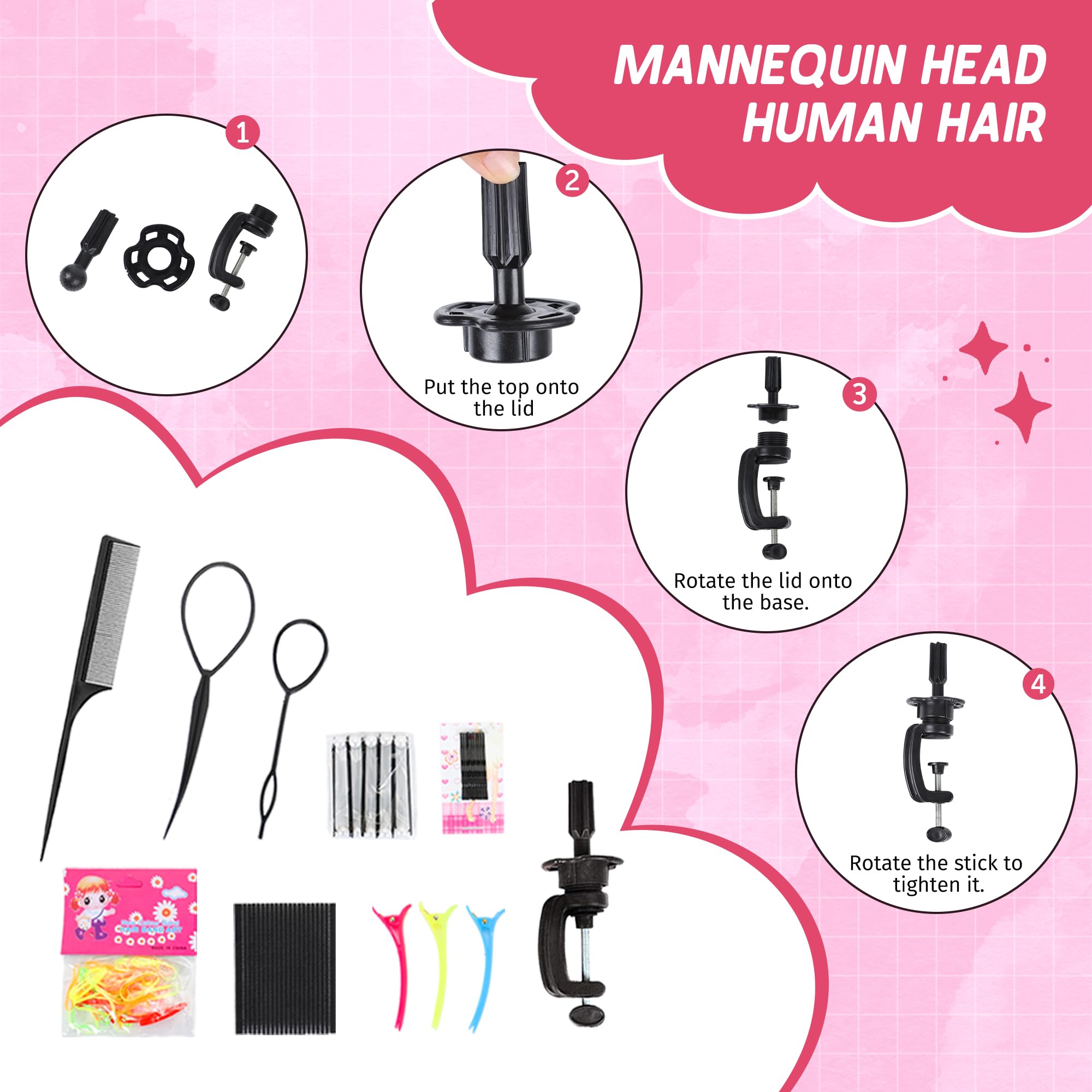 Mannequin Head 100% Real Human Hair Training Doll Head for Braiding Styling Cosmetology Practice with Clamp Stand (18 Inch)