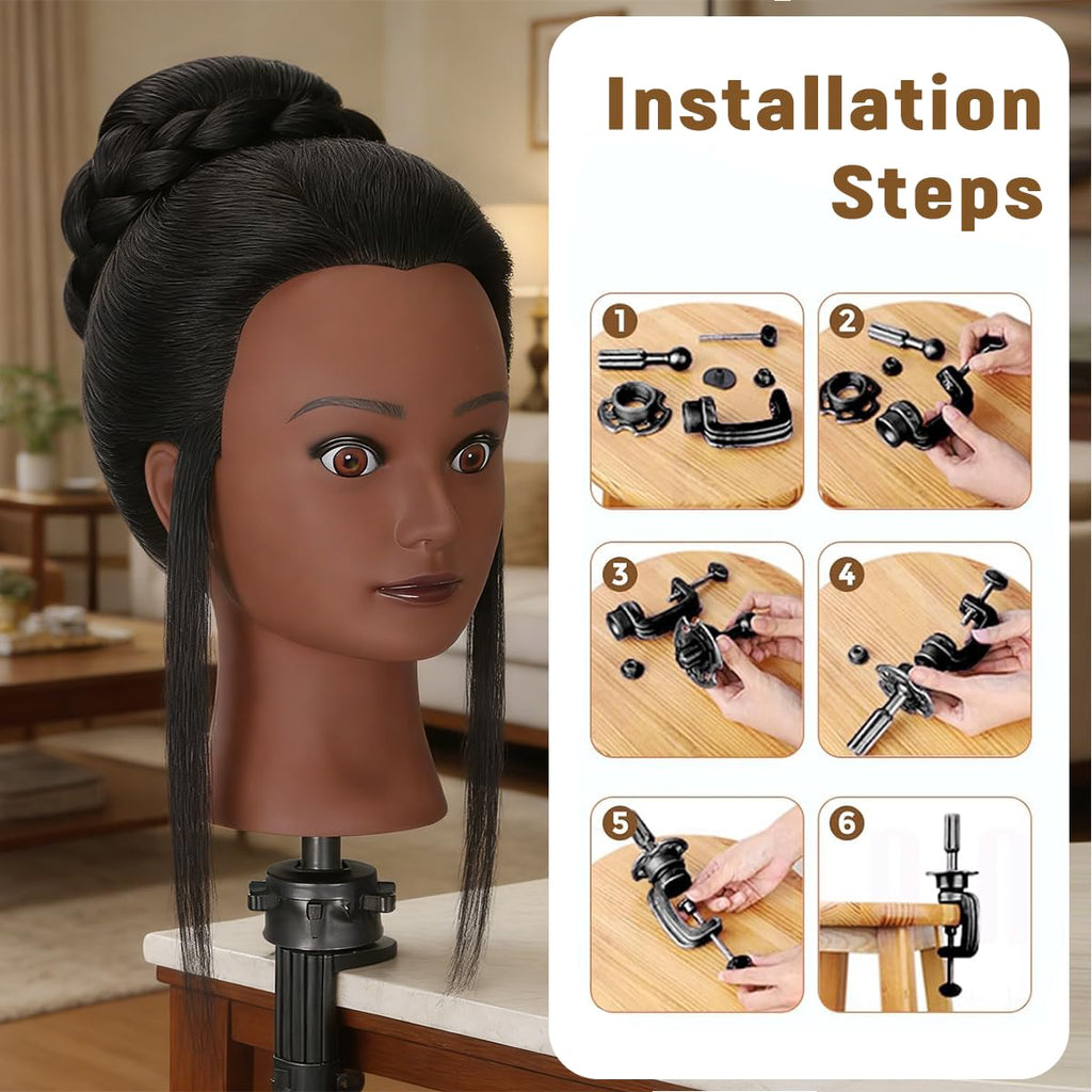 Mannequin Head with 100% Real Human Hair, Cosmetology Training Head for Hair Styling Braiding Cutting Curling, Professional Hairdresser Practice Manikin Head with Free Clamp (A01-Black-16)