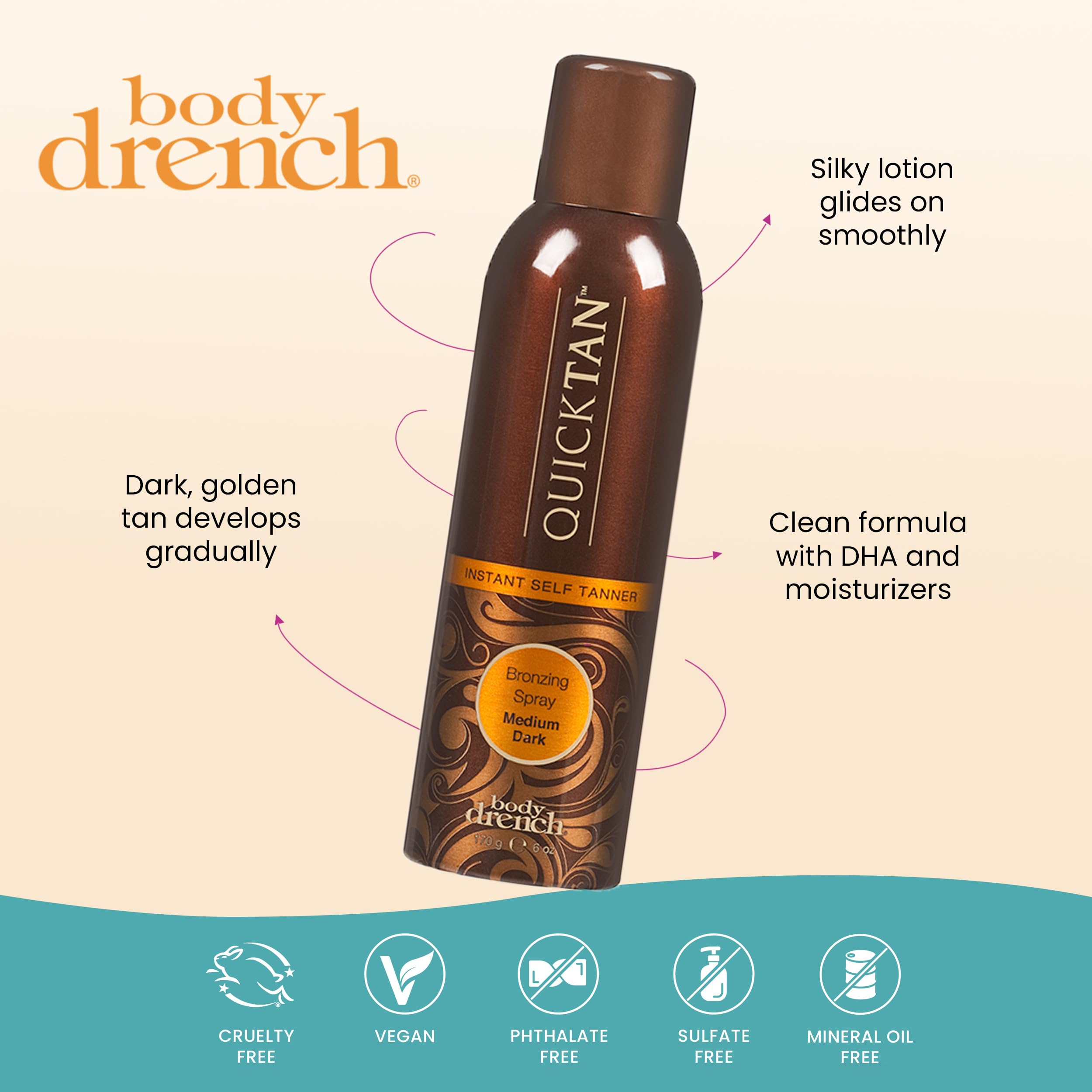 Body Drench QuickTan Instant Self Tanner Bronzing Spray, Salon-Quality Medium/Dark Tan, Streak-Free, Tinted Formula, 6 oz, 1-pack