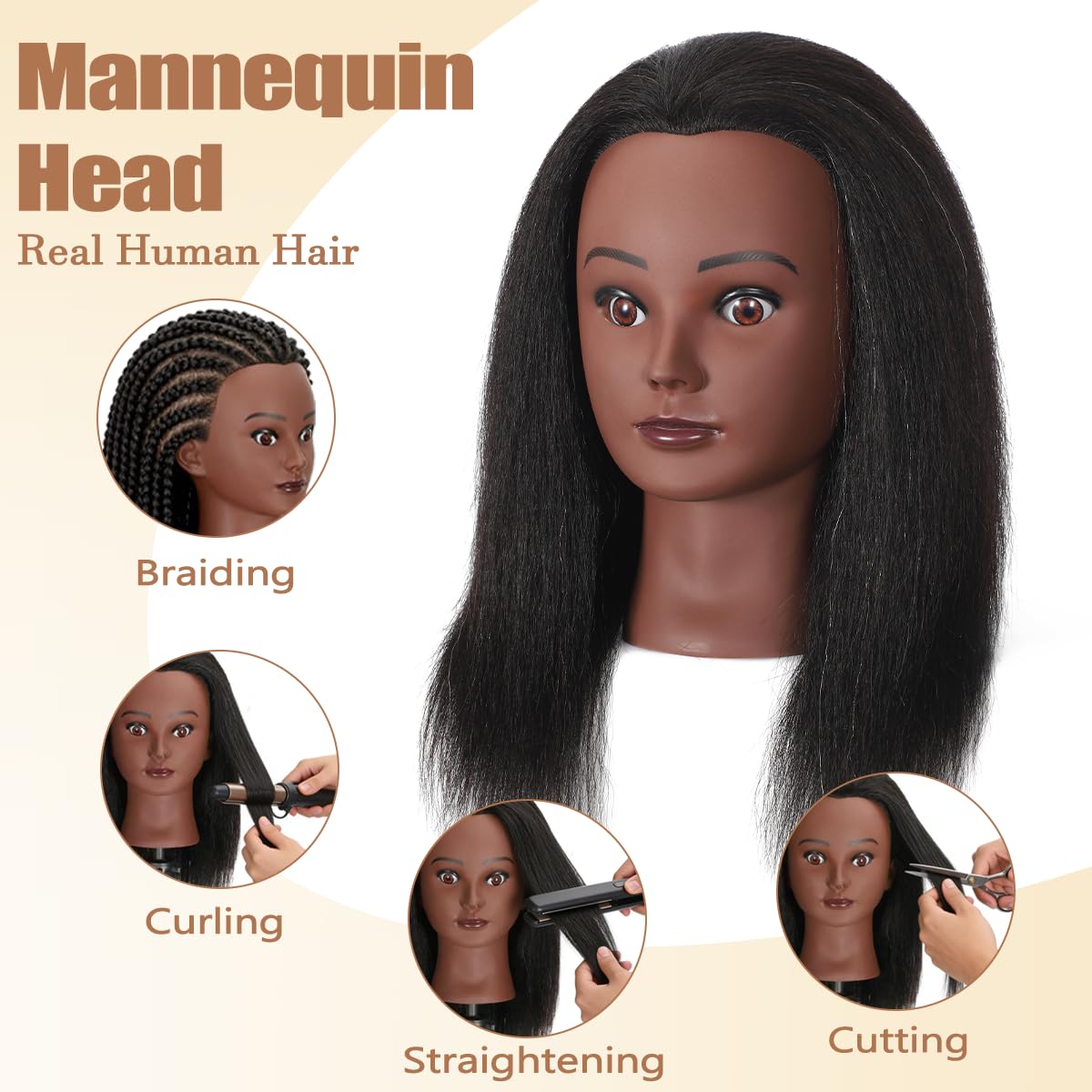 Mannequin Head with 100% Real Human Hair, Cosmetology Training Head for Hair Styling Braiding Cutting Curling, Professional Hairdresser Practice Manikin Head with Free Clamp (A01-Black-16)