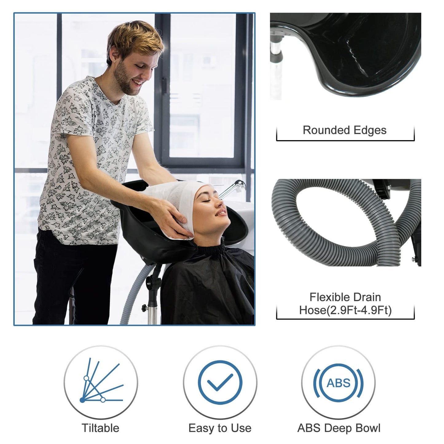 Nova Microdermabrasion Height Adjustable Portable Salon Deep Shampoo Basin Sink Hair Treatment Bowl with Drain Hose Black