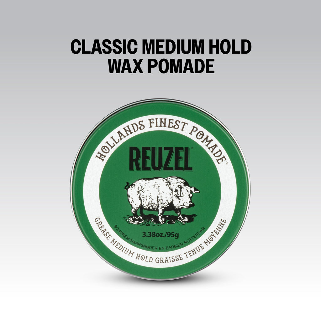 REUZEL Green Grease Pomade, Medium All Day Hold, Oil-Based Styling Wax, Medium Shine, Easy To Wash Out, For All Hair Types