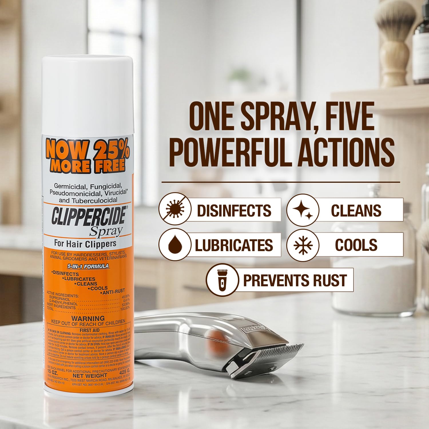 Light Gray CLIPPERCIDE 5-in-1 Clipper Disinfectant Spray 15oz, 1 Pack | Cleans, Lubricates, Cools, Prevents Rust & Disinfects | Professional Clipper Spray for Barbers, Stylists & Pet Groomers | Made by Barbicide