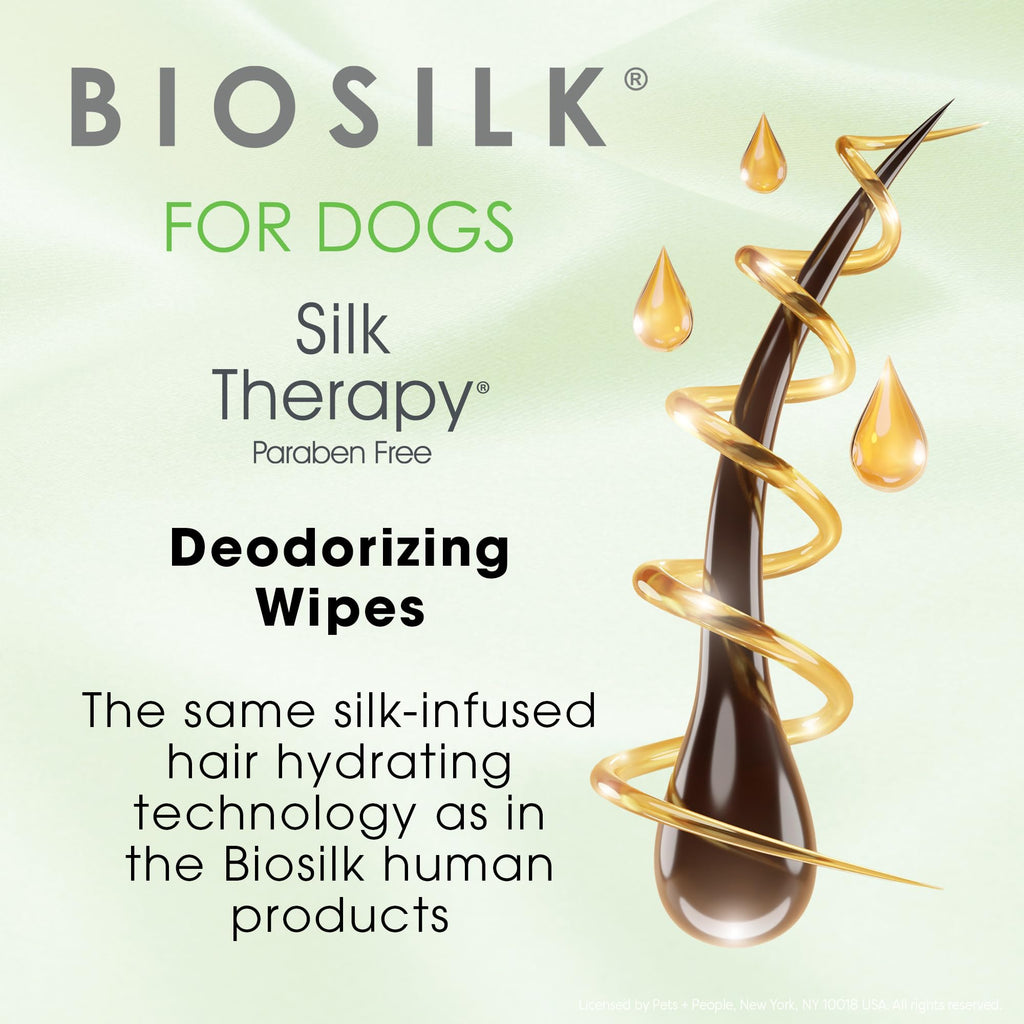 BioSilk for Dogs Deodorizing Wipes, Infused with Silk Proteins and Vitamin E - Wipes that Clean, Deodorize Between Baths, pH Balanced, Gentle Natural Formula, 100 Count