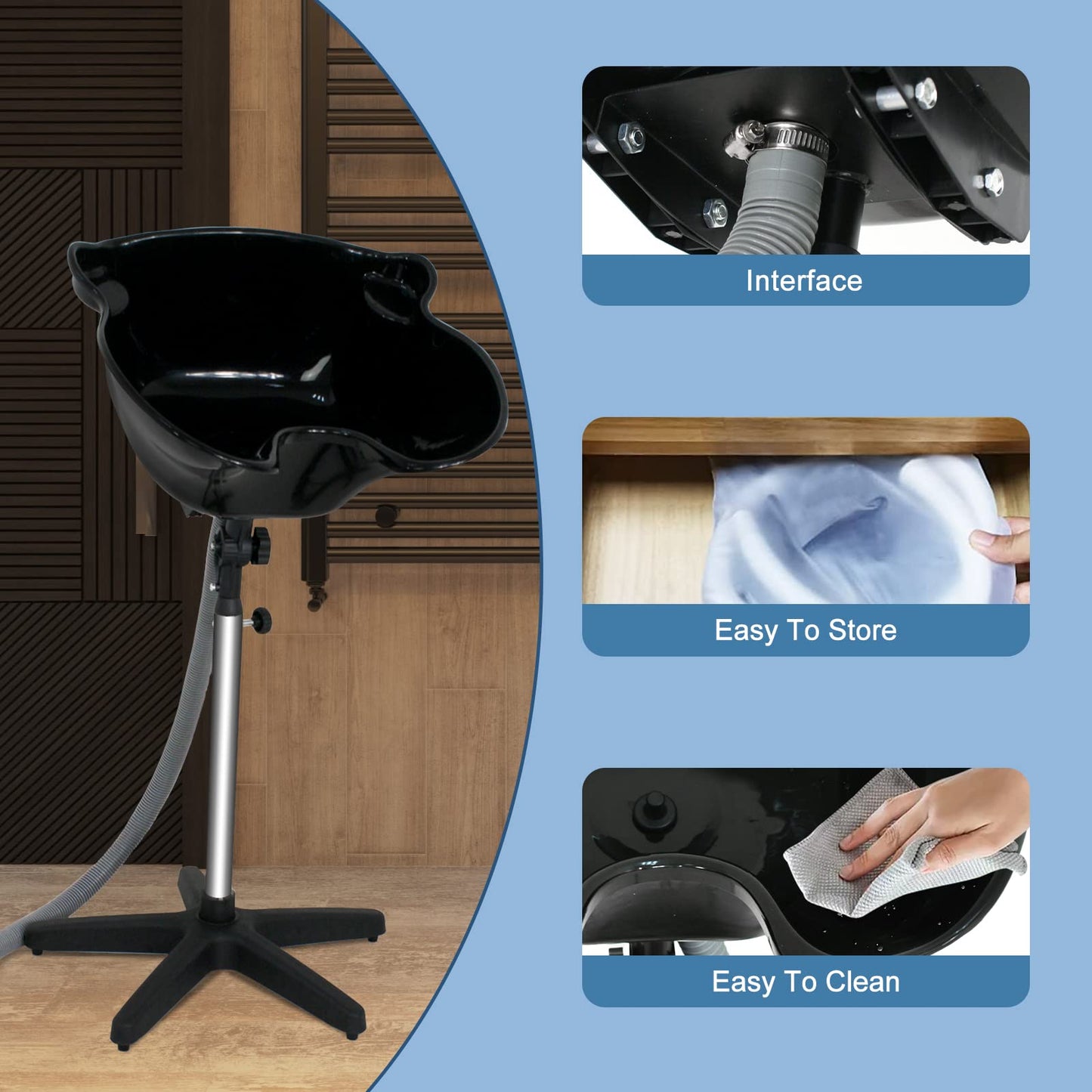 Nova Microdermabrasion Height Adjustable Portable Salon Deep Shampoo Basin Sink Hair Treatment Bowl with Drain Hose Black