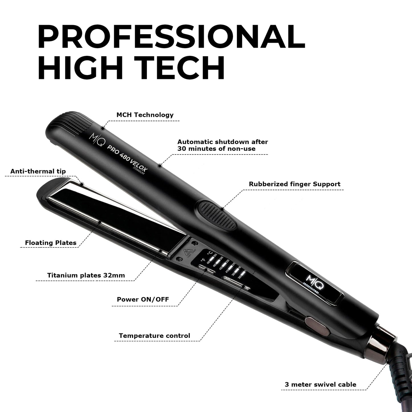 MQ Hair - Lisseur professionnel Pro 480 Velox - Fer plat, plaques en titane avancées, chauffage rapide, résultats dignes d'un salon, sécurité renforcée - Design ergonomique élégant - Noir
