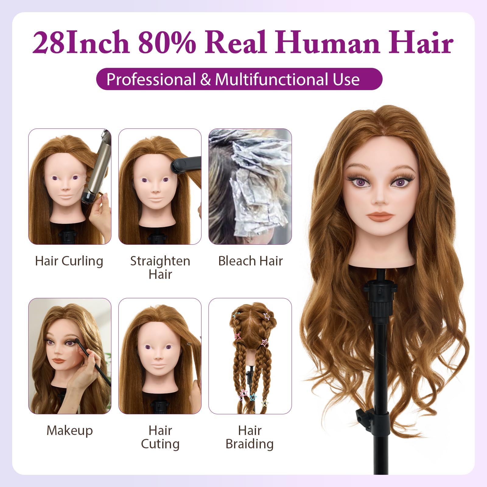 Mannequin Head 80% Human Hair - 28" Makeup Manikin Doll Head for Hair Styling, Hairdressing Training Practice Braiding for Cosmetology Students, Professionals & Practice Exams
