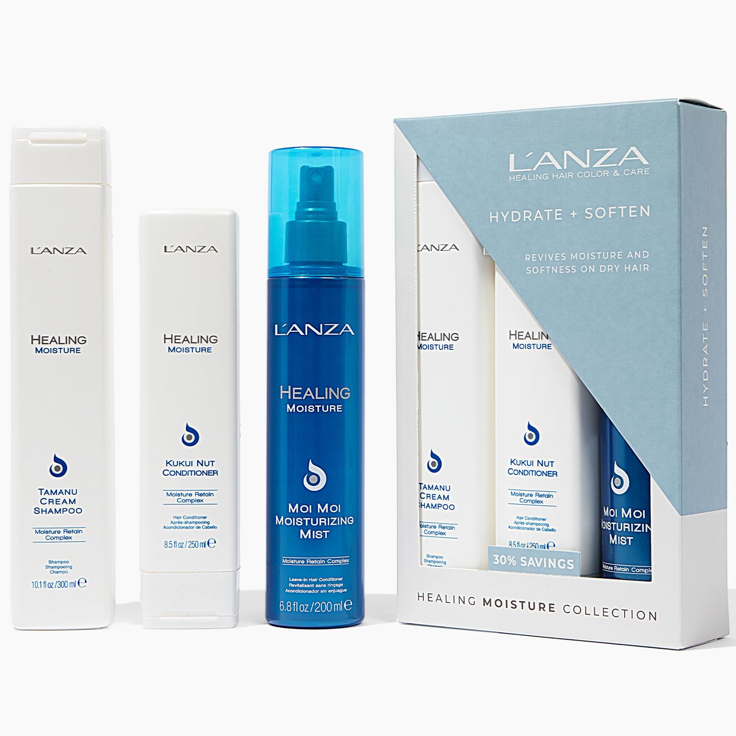 L'ANZA Healing Moisture Trio Hair Kit, Tamanu Cream Shampoo, Kukui Nut Conditioner & Moi Moi Moisturizing Mist Hairspray in a Gift Box, Luxury Hair Care Kit (10.1/8.5/6.8 Fl Oz)