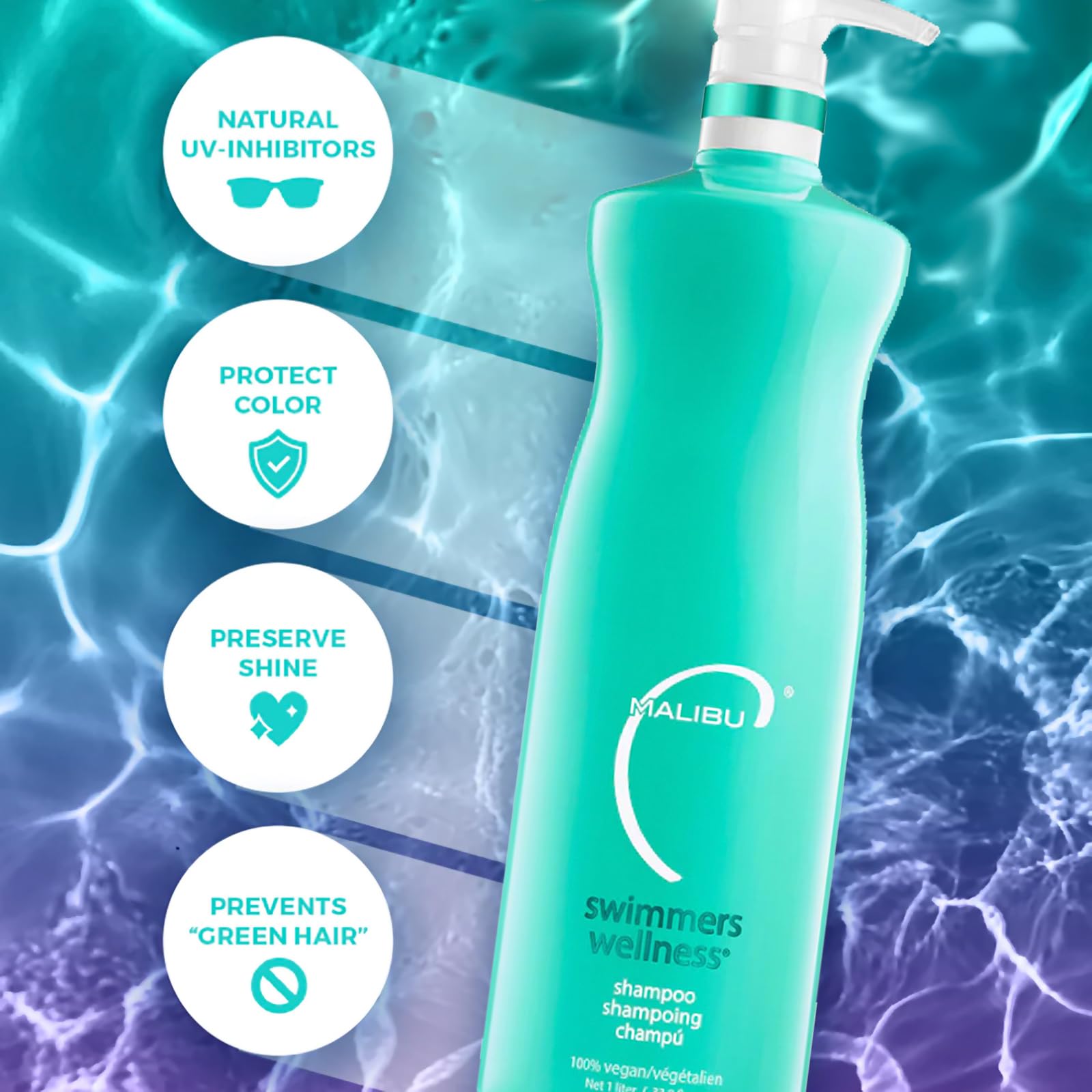 Malibu C Swimmers Wellness Clarifying Shampoo for Chlorine & Hair Build Up - Adults & Kids Swim Shampoo to Help Protect Against Pool Element Damage, Retain Moisture, Restore Shine & Texture (33.8oz)