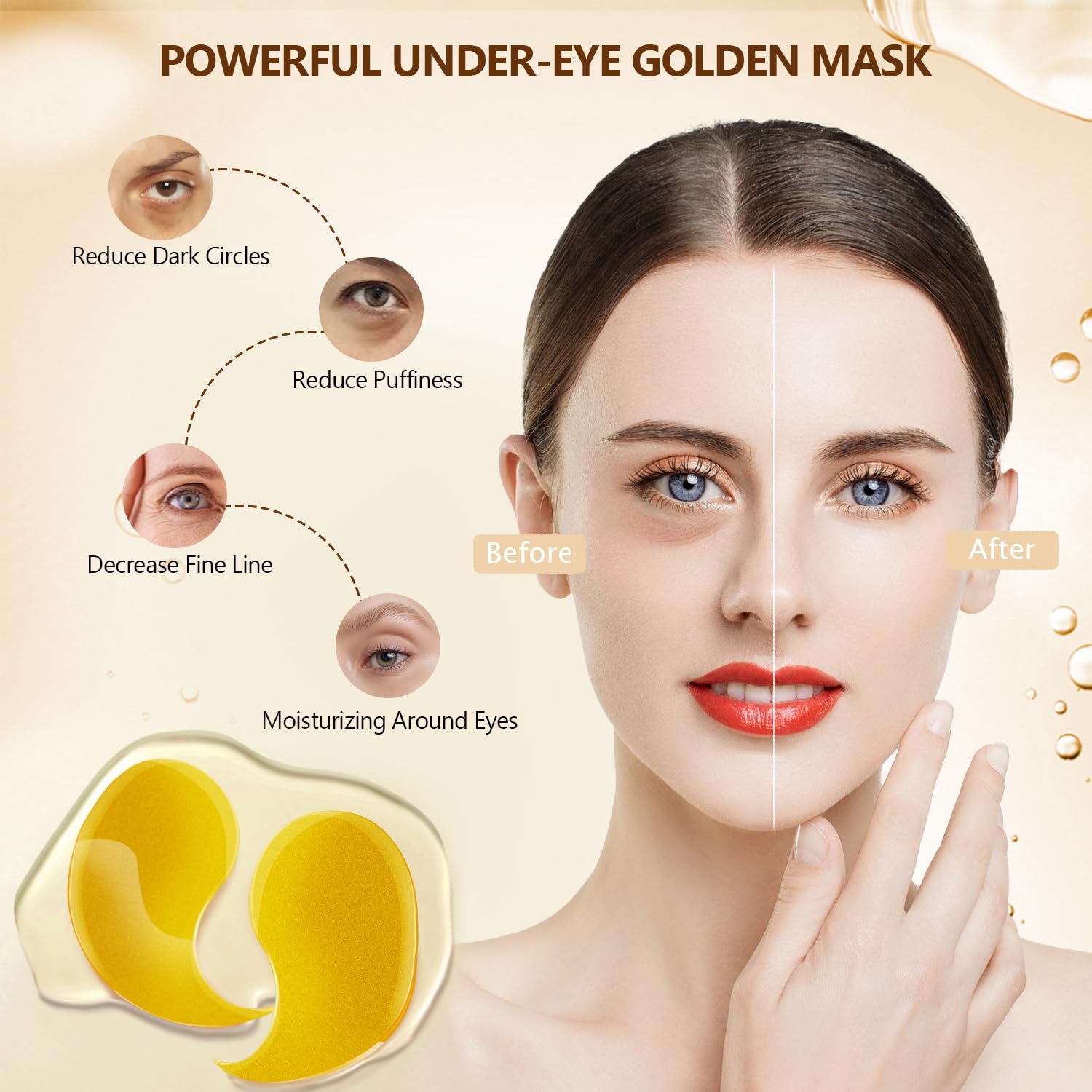 60 Pcs 24K Gold Under Eye Patches, 30 Pairs Undereye Mask for Dark Circles Puffy Eyes Treatment, Collagen Gel Pads Hydrating for Eye Bags Puffiness Wrinkle, Women Men Beauty Skin Care Products