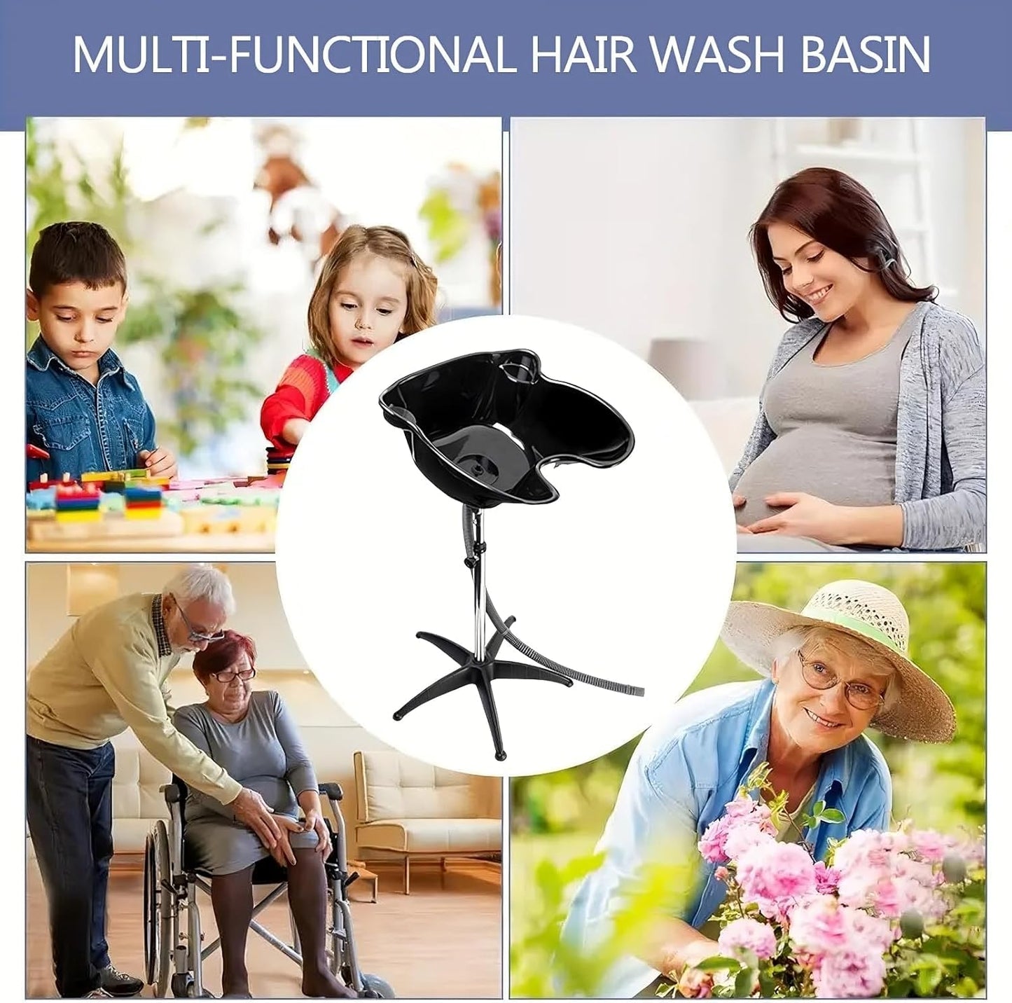 Height Adjustable Portable Shampoo Sink with 270° Rotation, Deep Hair Washing Basin & Drain Hose for Home/Salon - Black