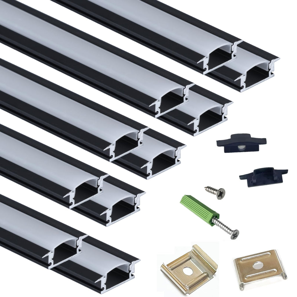 THMOOTHER 10-Pack 3.3FT/1M LED Strip Aluminum Channel Diffuser,Collar Shape Tape Light Under Cabinet Floating Shelf Alcove Recessed 25X7MM Matte Black Anodized Track, Milky Cover Concave Slot Profile