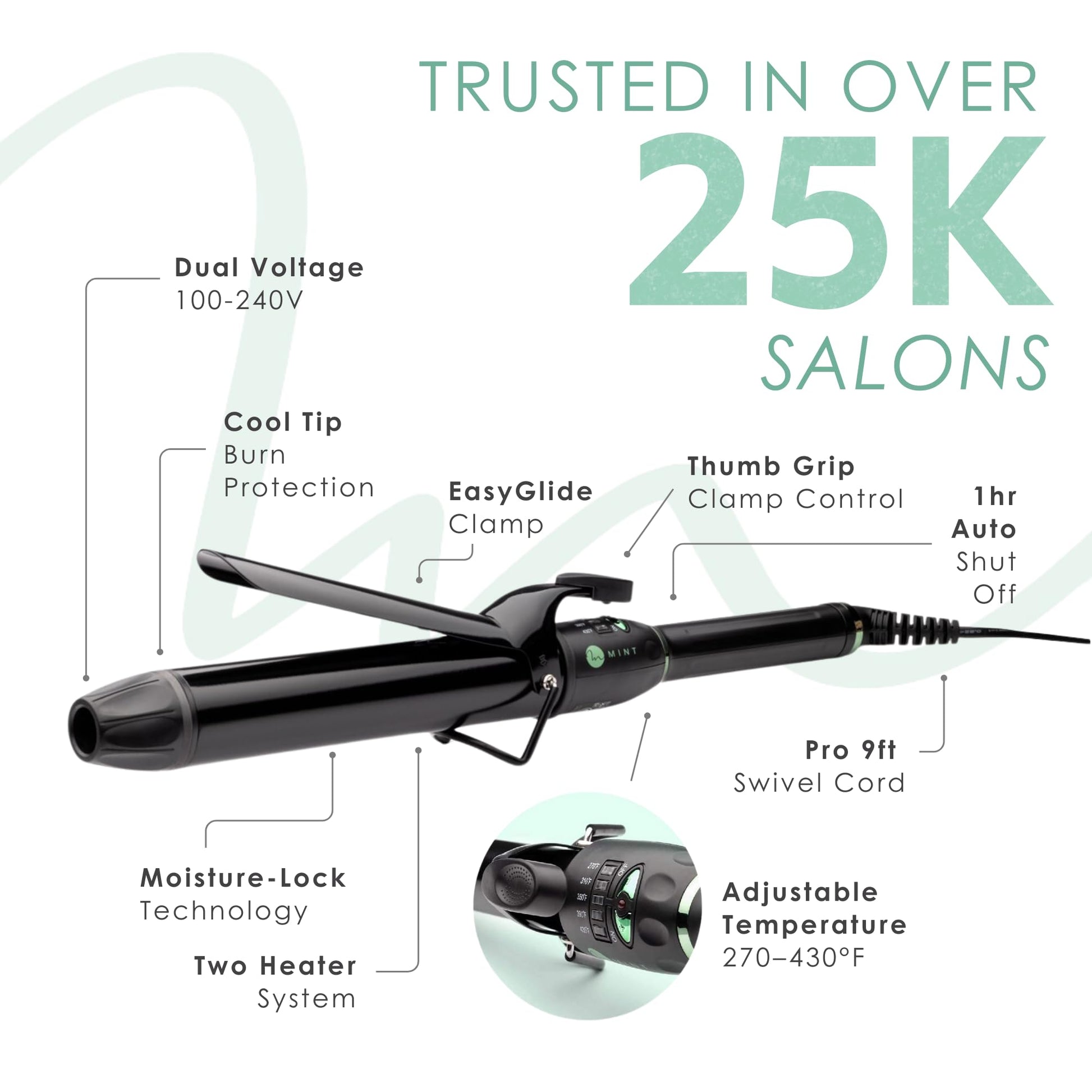 White Smoke MINT Professional Extra Long Hair Curling Iron 1 1/4 inch | 2-Heater Ceramic Barrel that Stays Hot | 1.25 Inch Hair Iron Curler for Medium to Large Curls | Travel-Ready International Dual Voltage