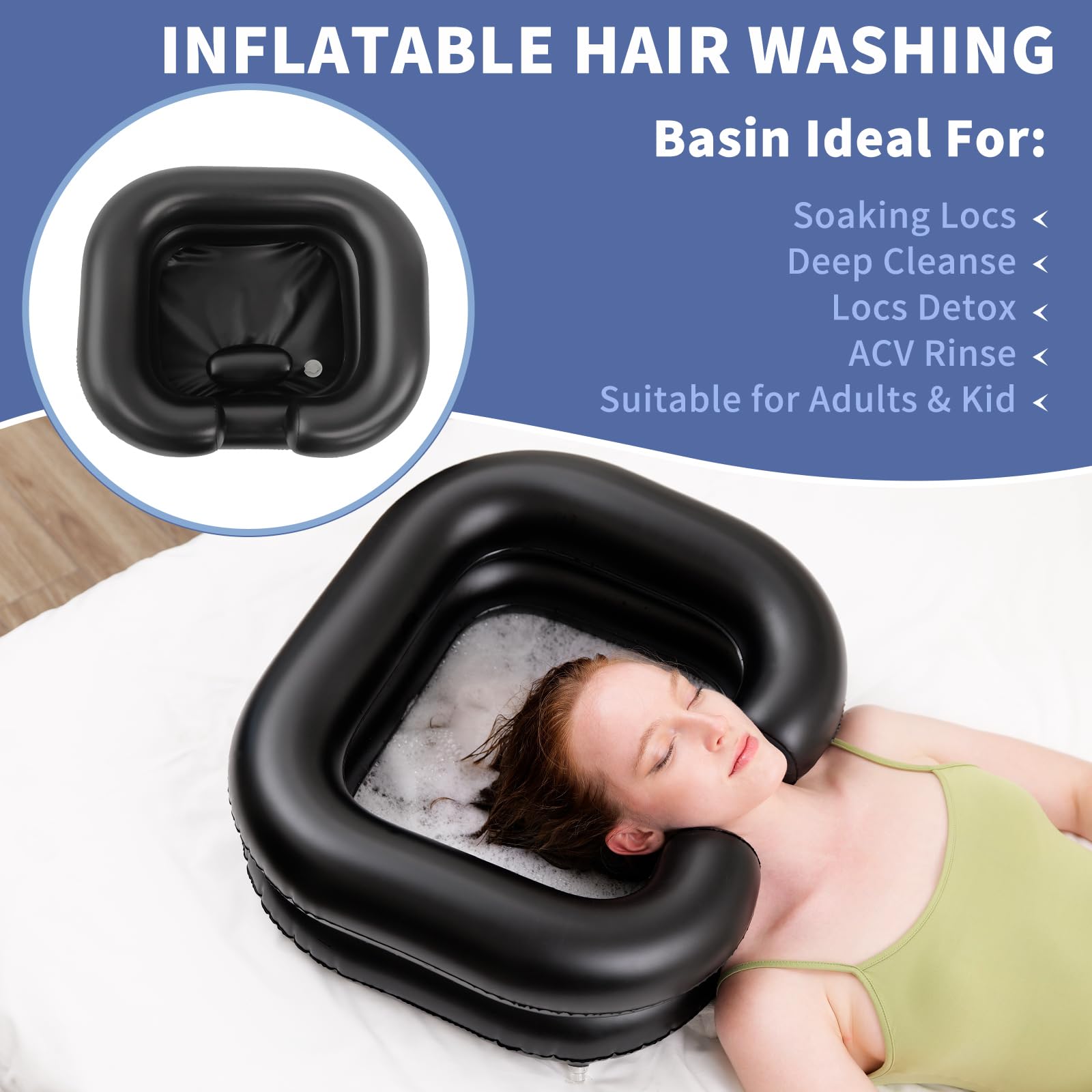 Inflatable Shampoo Basin, Portable Shampoo Bowl with Neck Support and Drain Hose for bedridden People, Portable Shampoo Sink for The Elderly, Disabled, Pregnant Women, Injured People (Black)