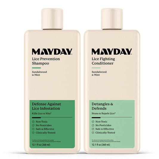 MAYDAY Daily Lice Routine Bundle – 12oz Shampoo & 12oz Conditioner | Non-Toxic, Pesticide-Free, Scientifically Proven Lice Treatment & Defense for All Hair Types | Sandalwood & Mint Formula