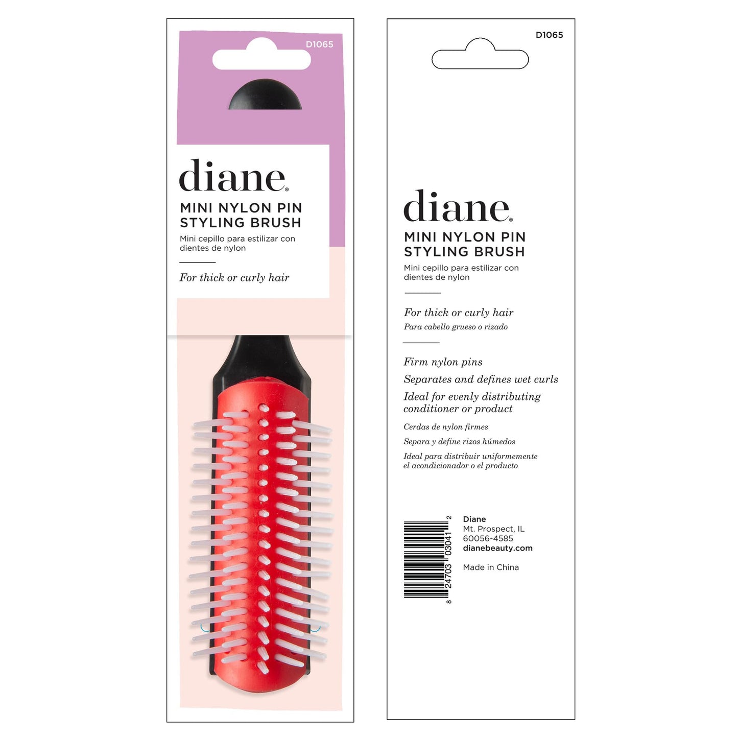 Diane Pro Mini Nylon Pin Styling Brush for Detangling, Separating, Shaping, and Defining Wet or Curly Hair, Heat-Resistant, Anti-Static, Black/Red