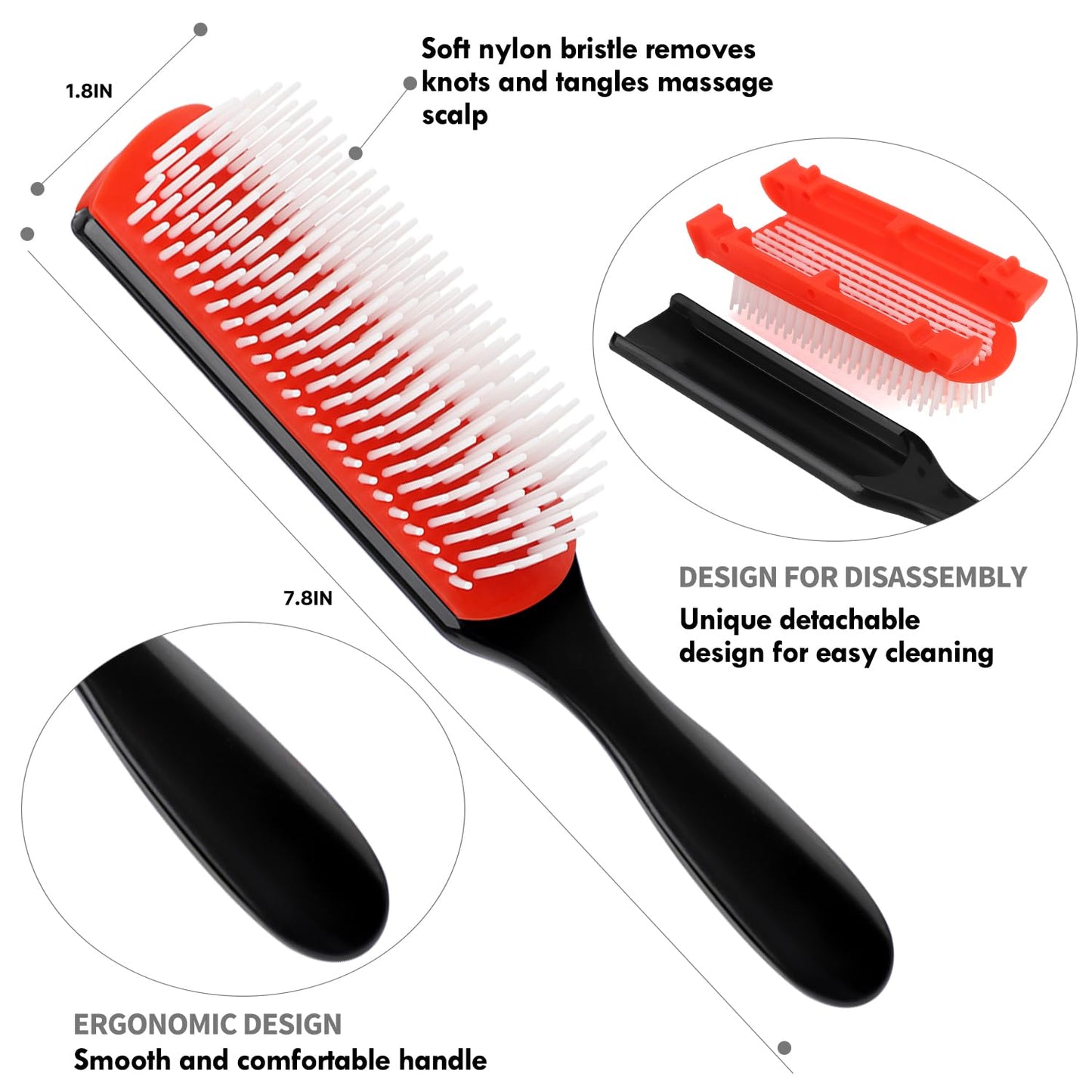 4pcs Curly Hair Brush Set for Adult & Kids, Wet or Dry, Detangling with Spray Bottle, Wide Tooth Comb (3+1, Red)
