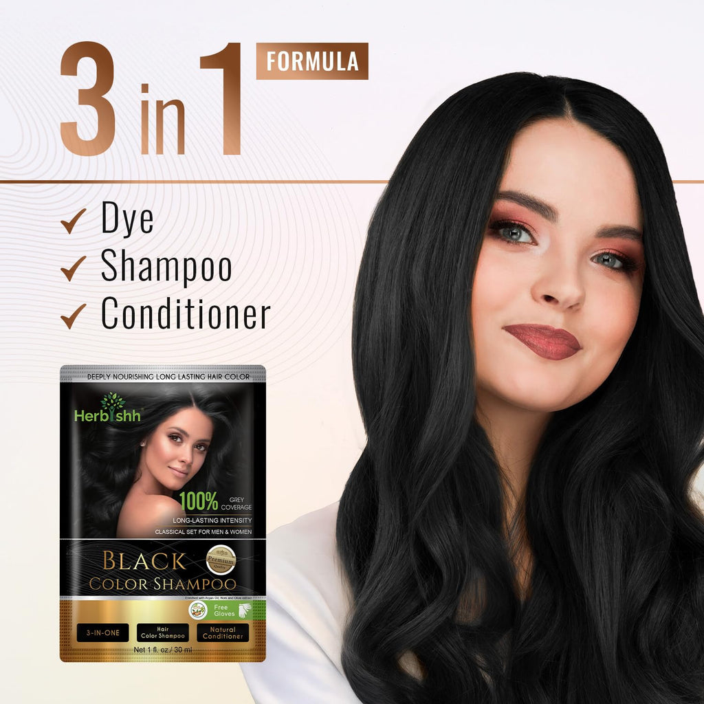 Herbishh Natural Hair Dye Shampoo with Argan Mask - Long-Lasting Color for Gray Hair - Travel Size, 10+1 Pack, Ammonia-Free (Black)