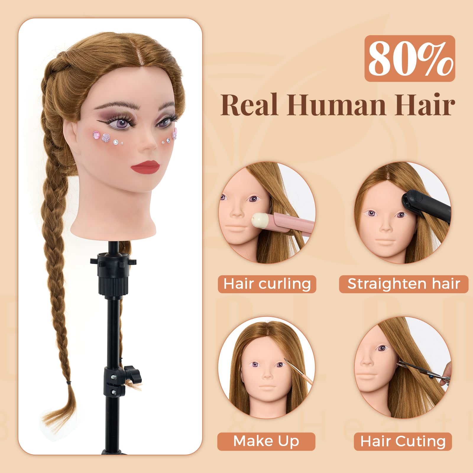 White Smoke Mannequin Head 80% Human Hair with Tripod Stand,28 Inch Make up Cosmetology Manikin Practice Doll Head,Braiding Hairdressing Head with Table Clamp + DIY Hair Styling Set