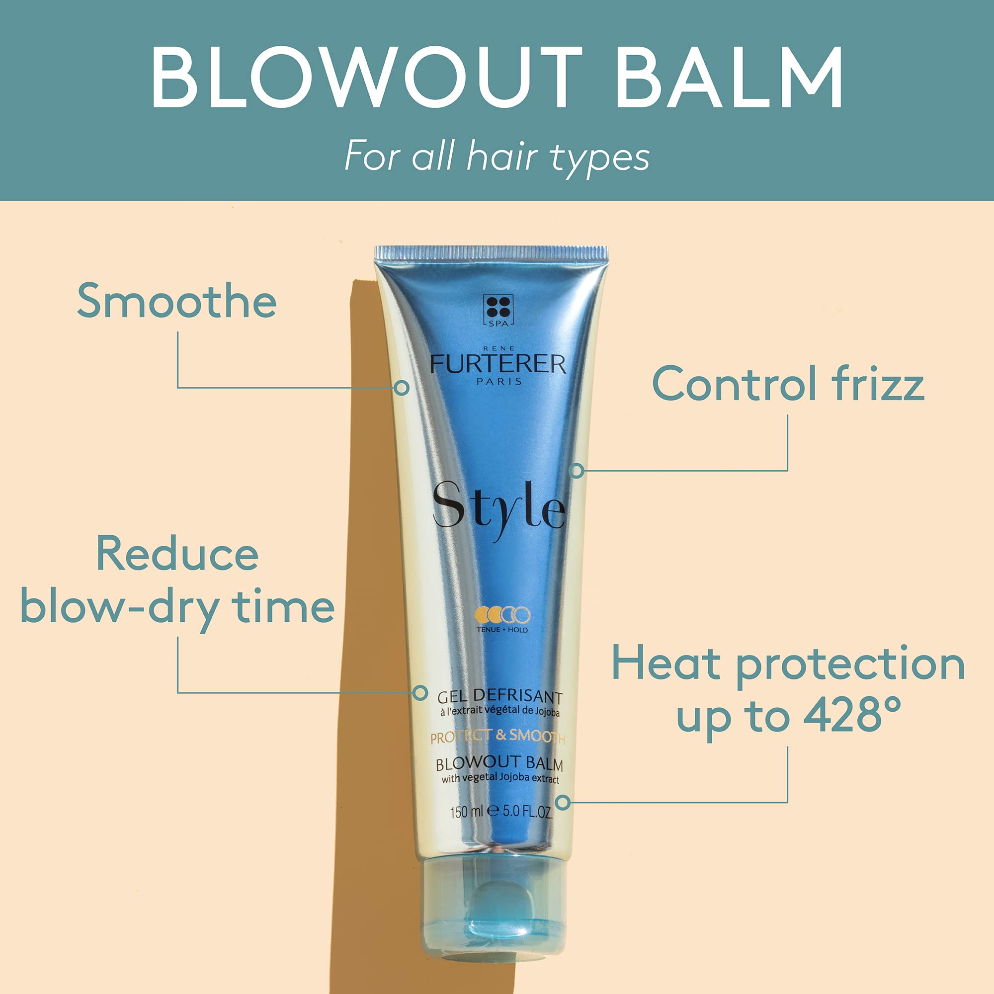 Rene Furterer STYLE Blow Out Balm - Reduces Drying Time & Protects Against Heat - WIth Moisturizing Jojoba Extract - All Hair Types - Vegan & Silicone-Free - 5.0 fl. oz