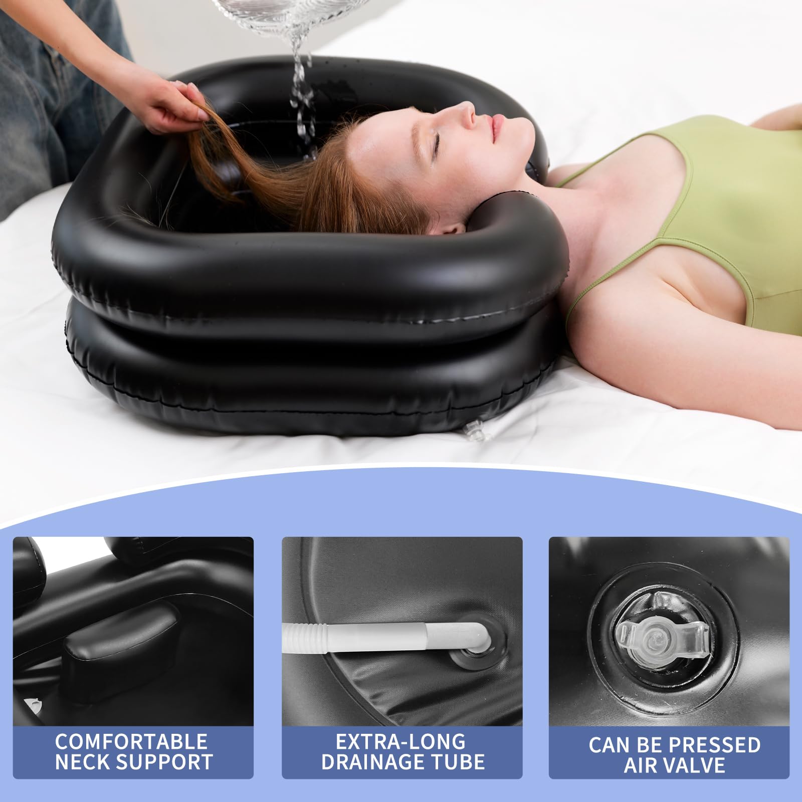 Inflatable Shampoo Basin, Portable Shampoo Bowl with Neck Support and Drain Hose for bedridden People, Portable Shampoo Sink for The Elderly, Disabled, Pregnant Women, Injured People (Black)