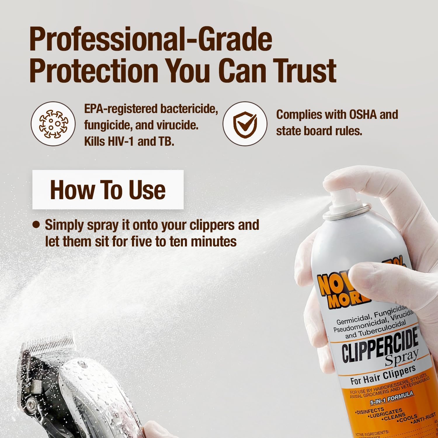 Light Gray CLIPPERCIDE 5-in-1 Clipper Disinfectant Spray 15oz, 6 Pack | Cleans, Lubricates, Cools, Prevents Rust & Disinfects | Professional Clipper Spray for Barbers, Stylists & Pet Groomers | Made by BARBICIDE