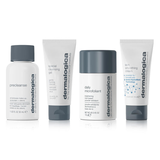 Dermalogica Discover Healthy Skin Kit | Includes: Precleanse, Face Wash, Face Exfoliator, & Moisturizer | Wash Away Impurities to Reveal Glowing Skin