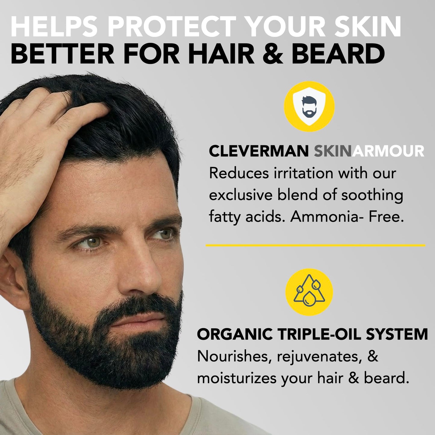 Gray Reusable Hair & Beard Dye for Men – Black 1.0 | Up to 5 Uses, 7 Minutes | Natural Gray Coverage, No-Drip Cream with SkinArmour – Cleverman