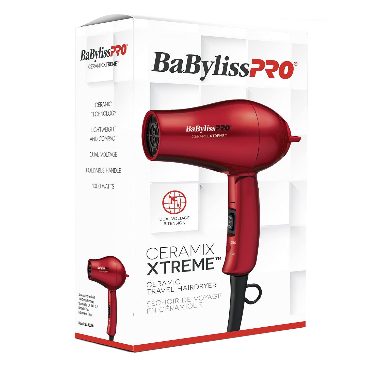 BaBylissPRO Ceramix Xtreme Ceramic Travel Hairdryer, Red, 1 Count