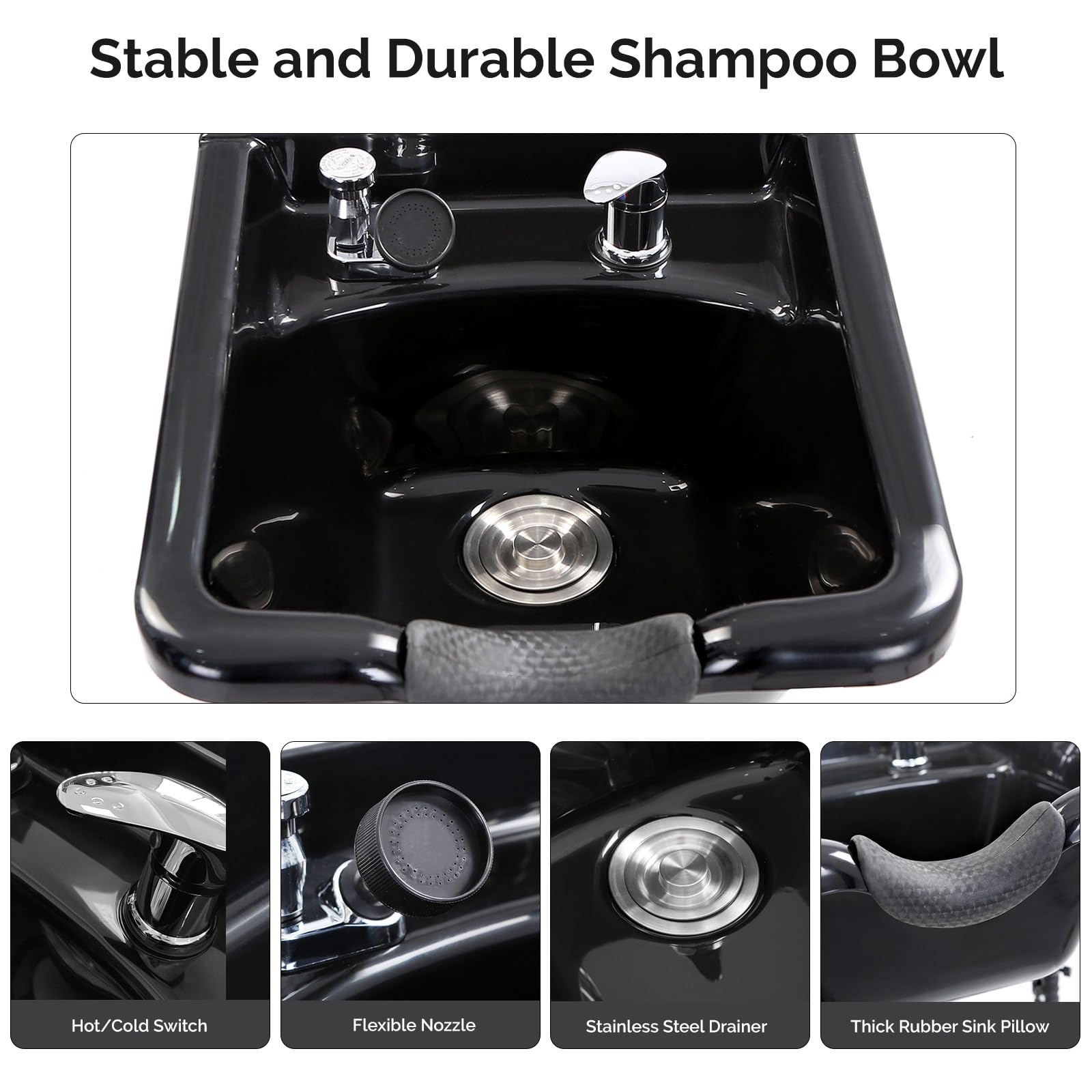 White Smoke OmySalon Salon Station, Barber Station for Hair Stylist, Storage Cabinet with Shampoo Bowl, Drawer, Backwash Sink, UPC Certified Sprayer Faucet, for Beauty Salon Spa, Black