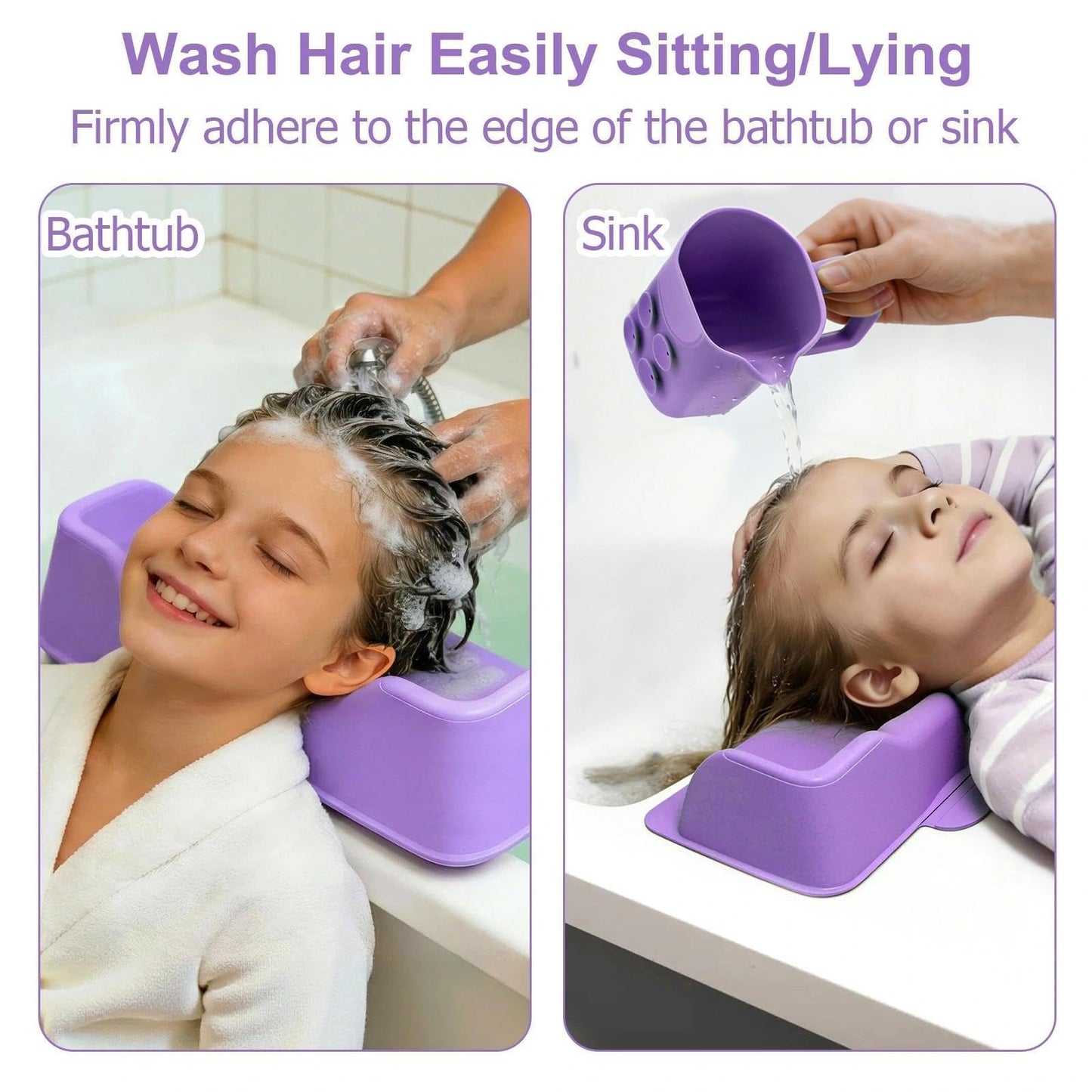 nestery Hair Washing Station for Kids, Silicone Portable Shampoo Bowl and Elderly with Rinse Cup & Scalp Massager, Hair Washing Basin for Sink or Bathtub at Home with Neck Support Purple