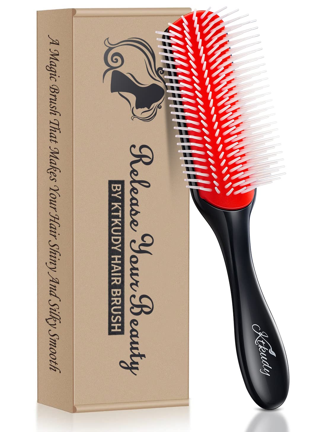 Brosse à cheveux bouclés KTKUDY - Brosse coiffante à 9 rangs pour démêler et définir les boucles, résistante à la chaleur, idéale pour les cheveux ondulés, bouclés ou frisés - Noire