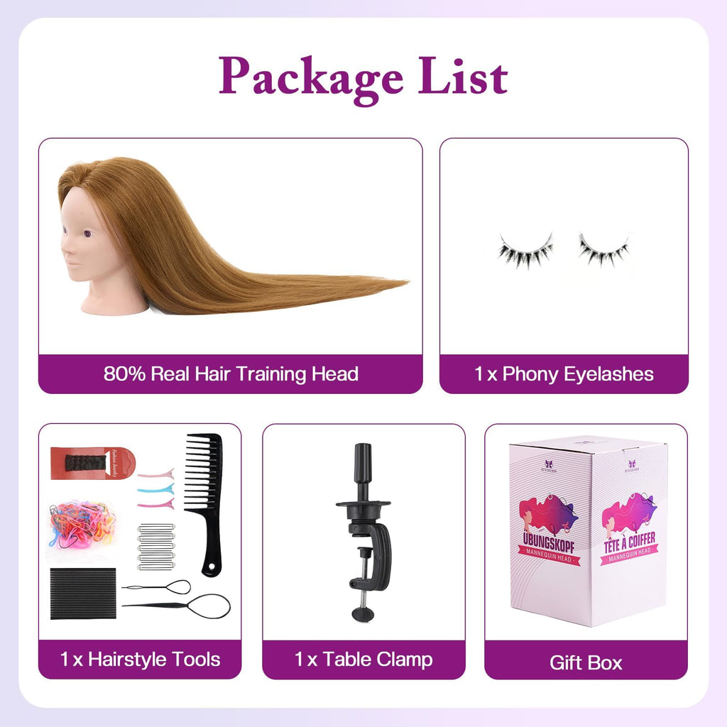Mannequin Head 80% Human Hair - 28" Makeup Manikin Doll Head for Hair Styling, Hairdressing Training Practice Braiding for Cosmetology Students, Professionals & Practice Exams
