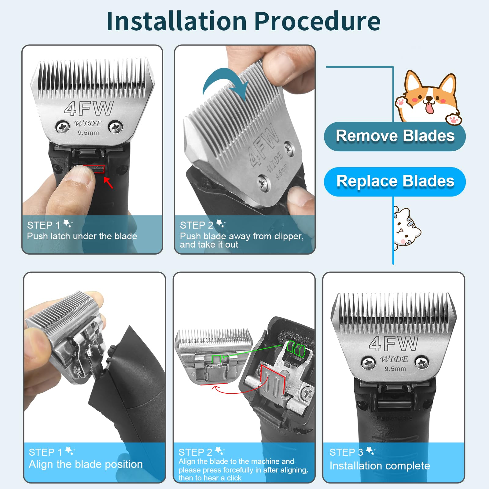 Newbulu 4FW Dog Grooming Wide Blade,Detachable Pet Dog Grooming Blades,Compatible with Andis,Oster A5,Wahl km10 Clippers.Cutting Length 3/8 in(9.5mm)