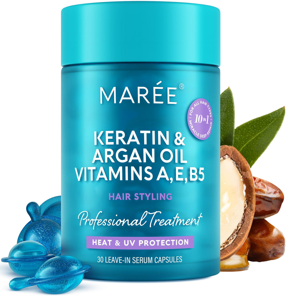 MAREE Hair Serum for Frizzy Dry Hair – Styling Capsules with Keratin, Argan Oil, Vitamins A E B5 – UV & Heat Protectant Frizz Control Serum for Women – Aceite Para el Cabello Treatment