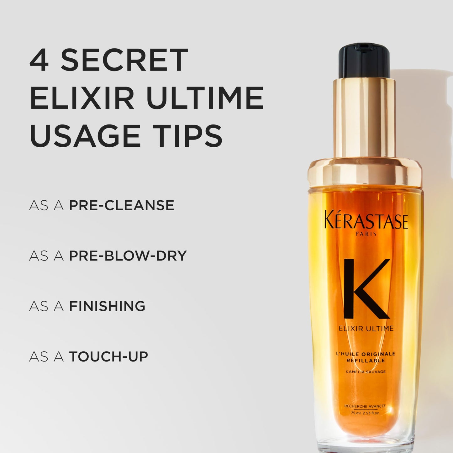 KÉRASTASE New Elixir Ultime Rechargeable L'Huile Originale, Sérum Huile Hydratant pour Lisser les Frisottis et Ajouter de la Brillance au Camélia Sauvage, Renforce et Offre une Protection Thermique, Tous Types de Cheveux