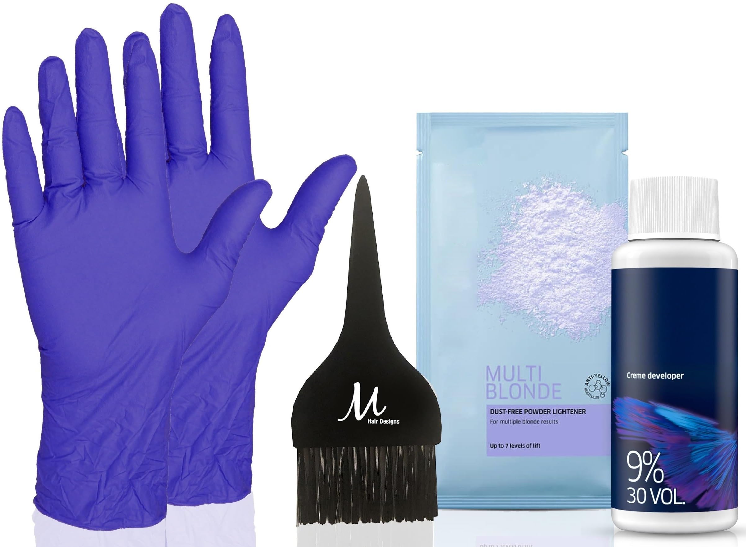 Blondor Multi Blonde Lightening Powder Blondor Bleach Powder 30 grams, Welloxon Perfect Developer Koleston Perfect Developer 30 Vol 2 Ounce, Pair of Gloves and M Hair Designs Tint Brush Black (Bundle)