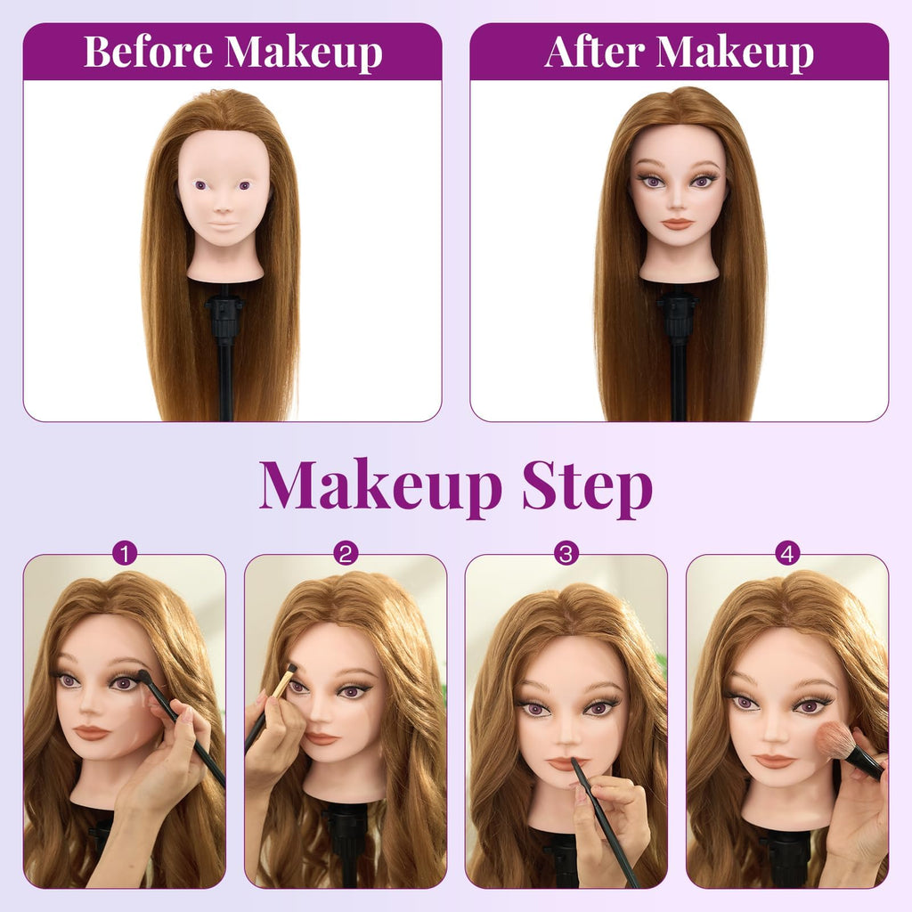 Mannequin Head 80% Human Hair - 28" Makeup Manikin Doll Head for Hair Styling, Hairdressing Training Practice Braiding for Cosmetology Students, Professionals & Practice Exams