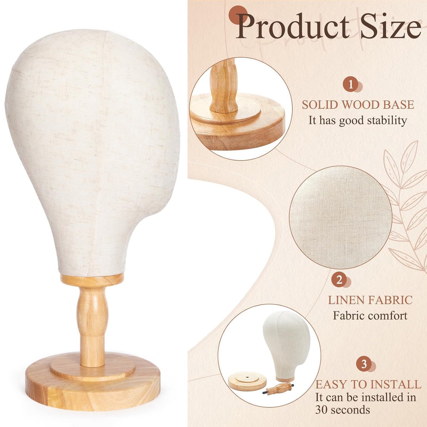 White Smoke koskusder White Canvas Mannequin Head Stand with Detachable Wood Base for Wigs Linen Dome Model Mannequin Head with Wooden Stand for Caps, Headdress, Wig Making