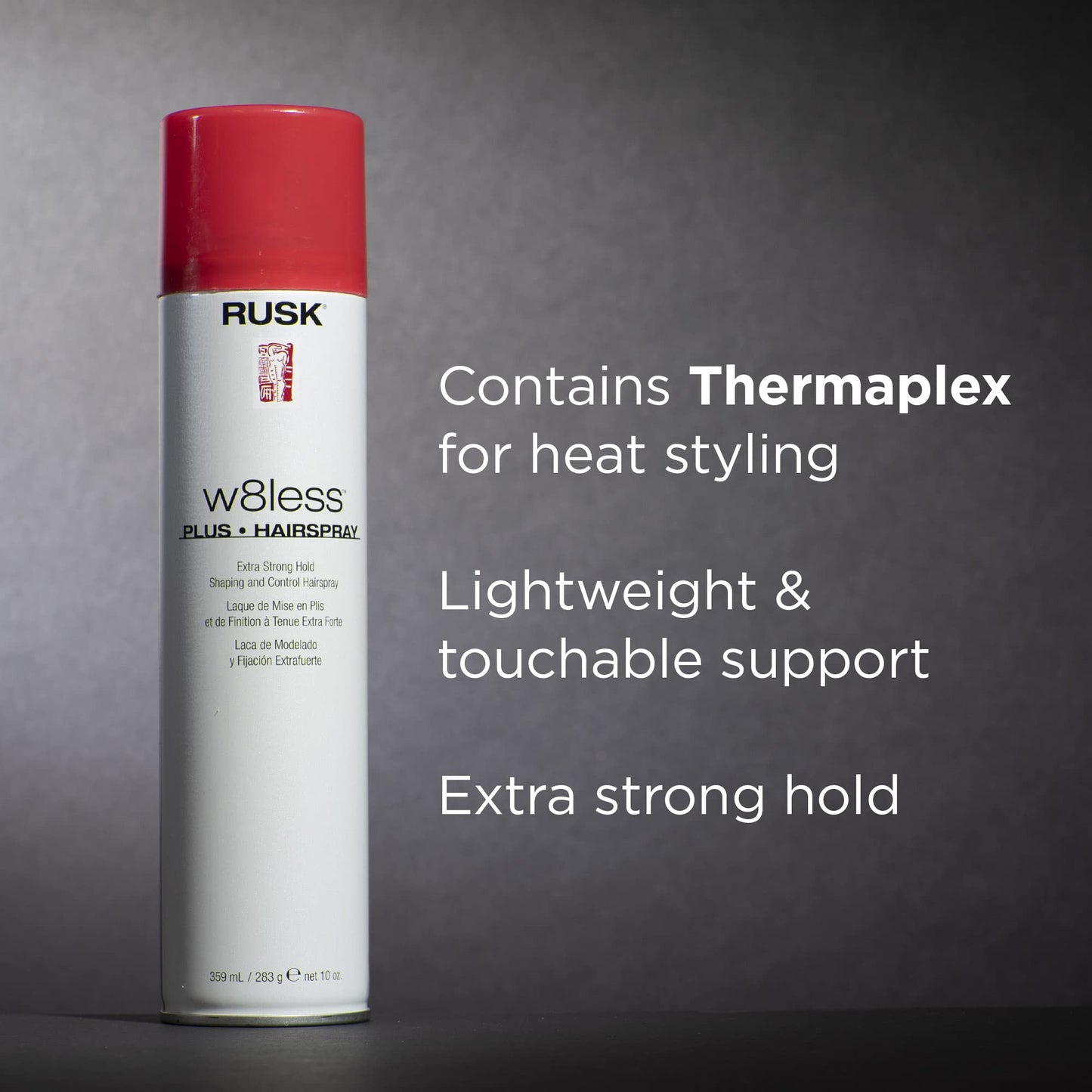 Laque extra forte RUSK Designer Collection W8less Plus, apporte texture, brillance naturelle et maintien longue durée, 283 g