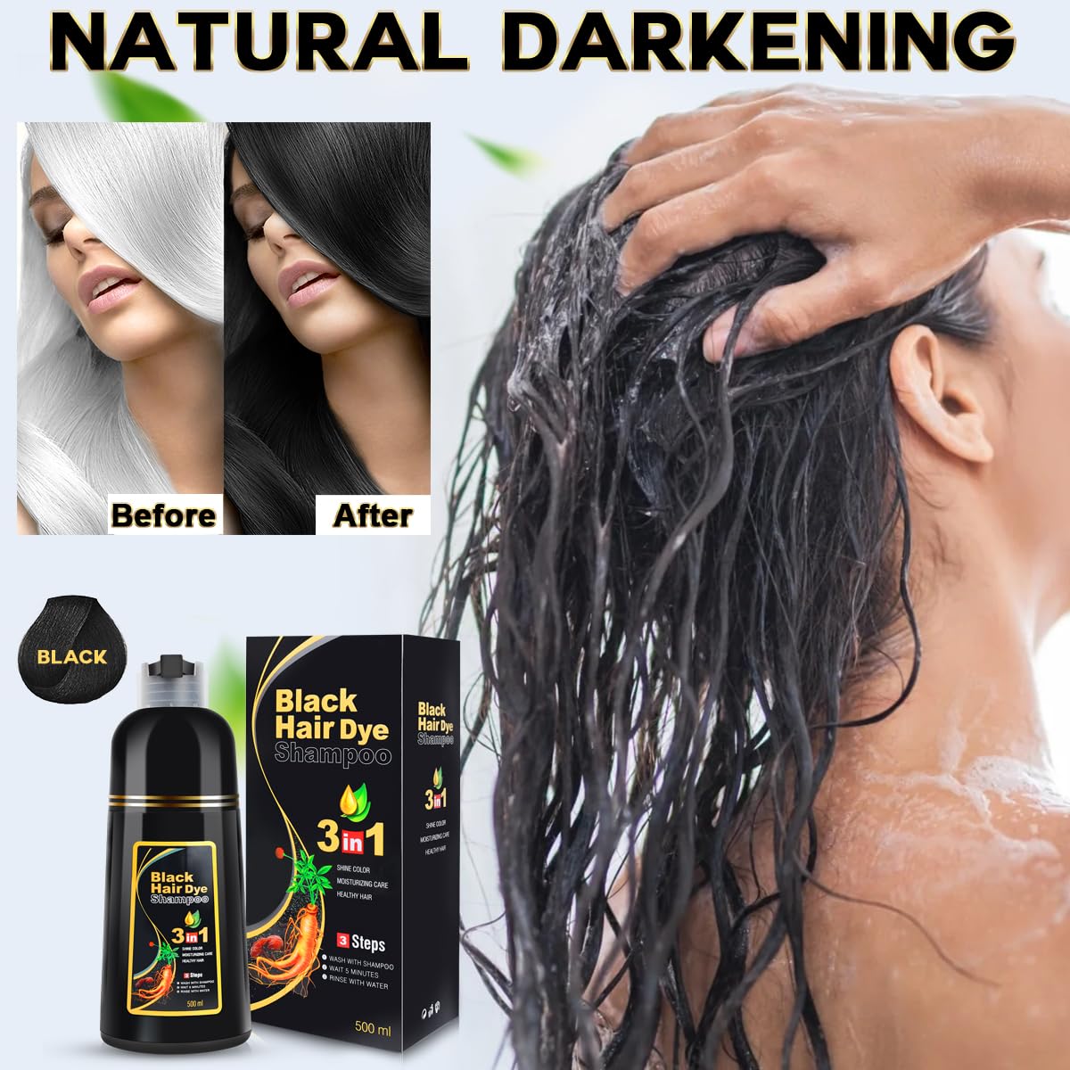 Dark Slate Gray IIIMEIDU Black Hair Dye Shampoo 3 in 1 for Gray Hair, Herbal Ingredients Shampoo Black Hair Dye for Women Men, Grey Coverage Shampoo 500ml
