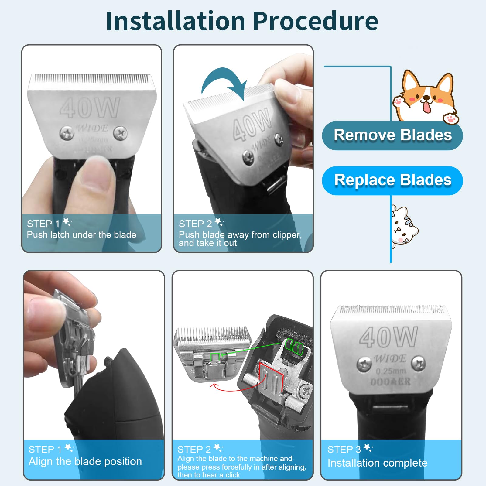 Newbulu 30W Dog Grooming Wide Blade,Detachable Pet Dog Grooming Blades,Compatible with Andis,Oster A5,Wahl km10 Clippers.Cutting Length 1/50"(0.5mm)