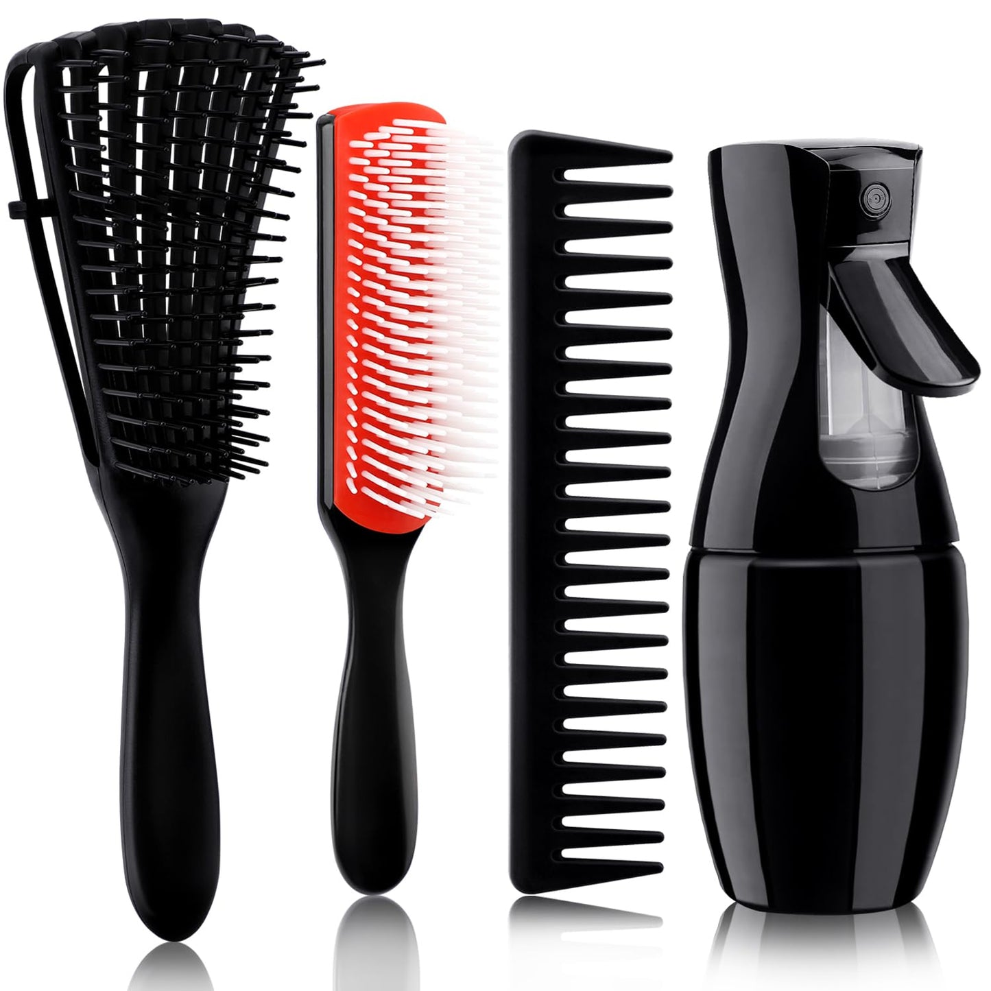 4pcs Curly Hair Brush Set for Adult & Kids, Wet or Dry, Detangling with Spray Bottle, Wide Tooth Comb (3+1, Red)