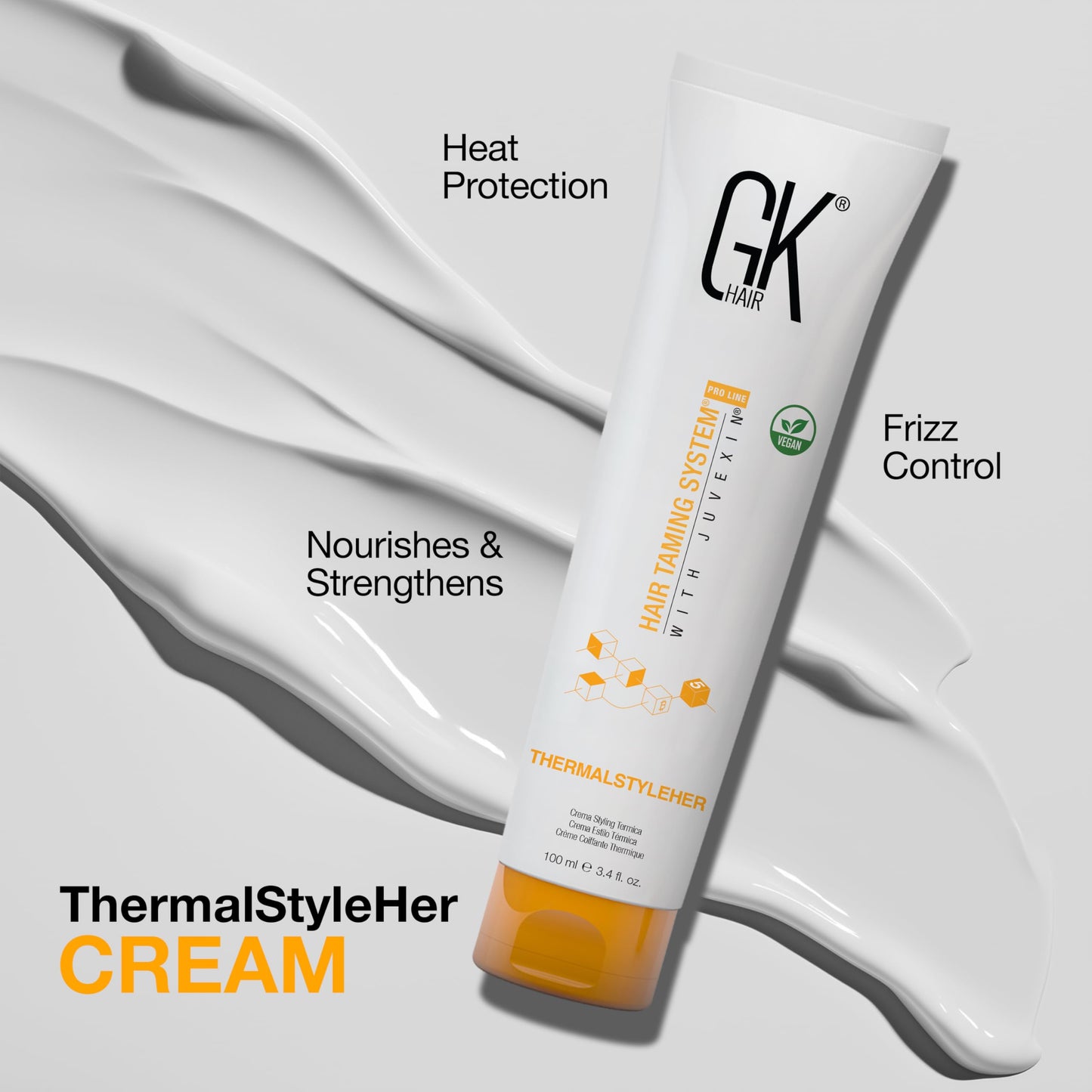 GK HAIR Global Keratin ThermalStyleHer Hair Cream (3.4 Fl Oz/100ml) - Thermal Styling Blow Dry Heat Protectant Cream - Anti Frizz Damage Protection Styling Cream for All Hair Types