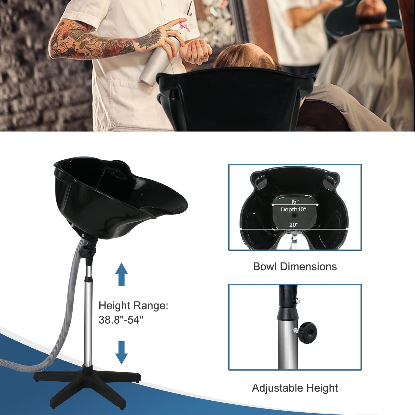 Nova Microdermabrasion Height Adjustable Portable Salon Deep Shampoo Basin Sink Hair Treatment Bowl with Drain Hose Black