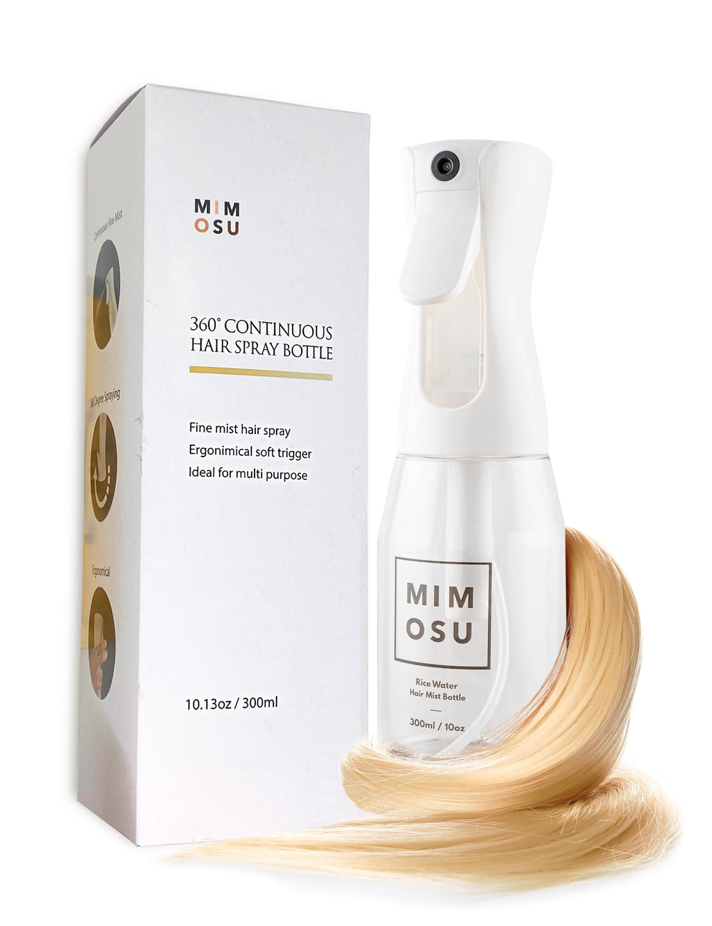 mimosu Continuous Mist Spray Bottle, 10oz – Refillable Sprayer for Hair Styling, Salon, Rice Water DIY, Curly Care Product