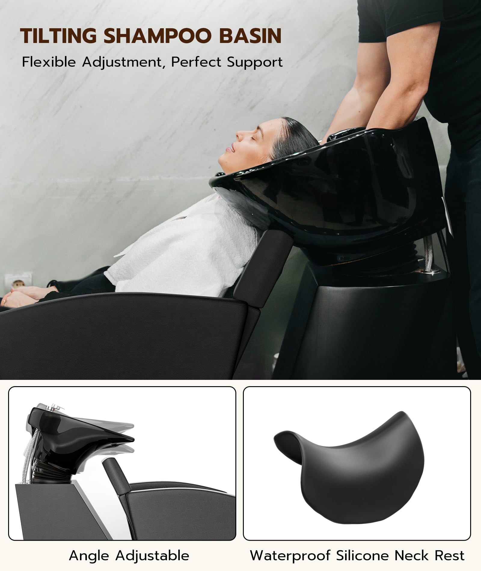 Icoget Shampoo Bowl and Chair Set for Salon, Deep Porcelain Tilting Salon Sinks for Hair Stylist, Backwash Shampoo Stations for Barber,Home, Black