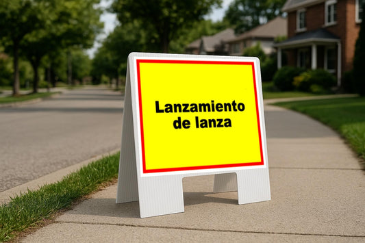 Lanzamiento De Lanza Spanish Red Yellow Folding Coroplast A-Frame Double-Sided 23in x23in