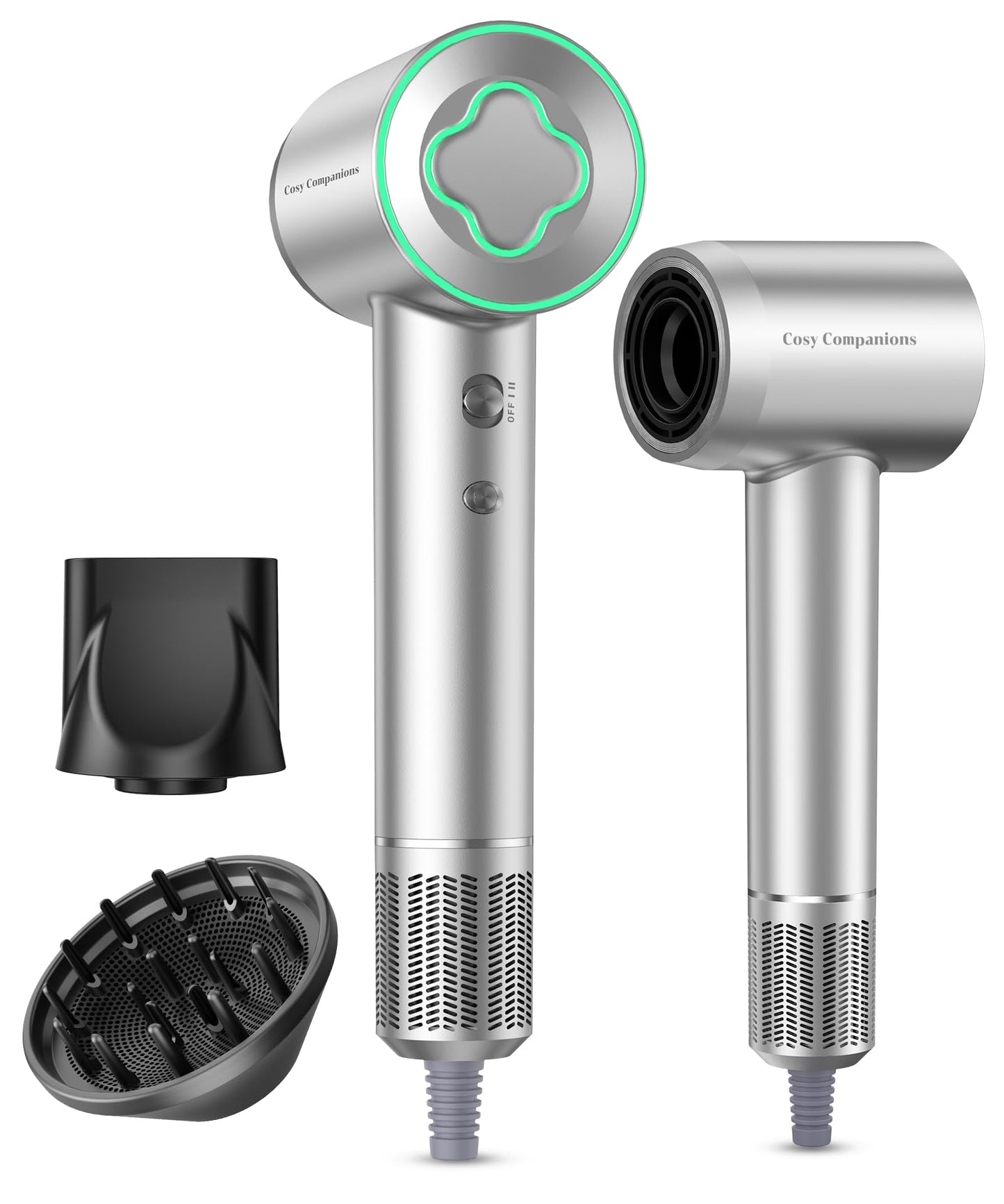 Sèche-cheveux - Moteur sans balais haute vitesse 150 000 tr/min, sèche-cheveux ionique négatif pour un séchage rapide, faible bruit, contrôle thermique, avec diffuseur et buse, argenté