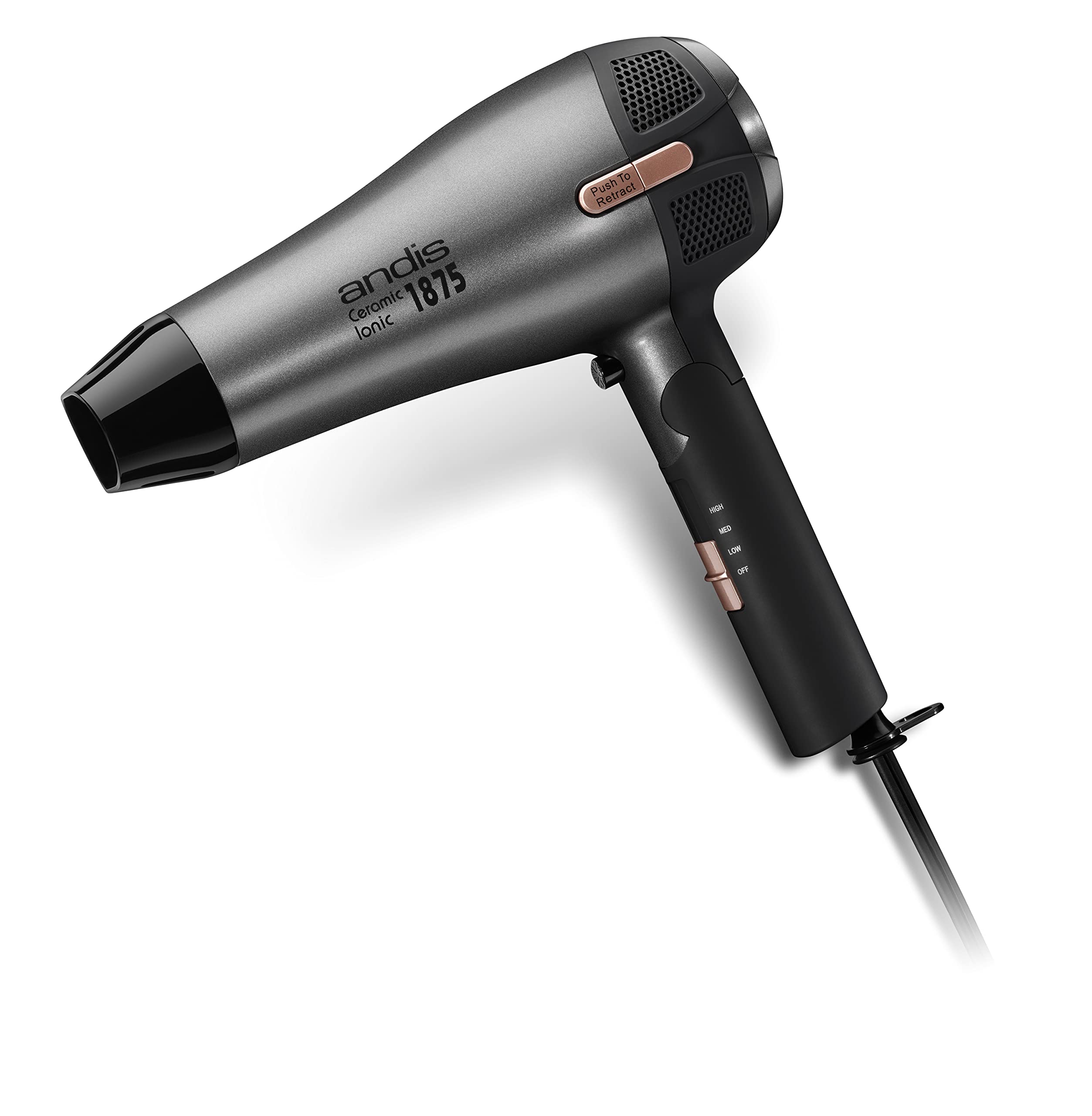 Andis 80280 Fold-n-go 1875 Watt Ceramic Ionic Dryer, Retractable Cord, Lightweight with Professional Blowout Results, Quick Drying Blow Dryer, Black/Silver